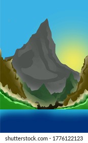 
Night mountain landscape with a view of the moon