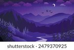 Night mountain landscape. Winding road among hills with coniferous trees against the background of mountains, night starry sky with the moon, clouds, flying birds. Flat design. Author
