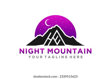 Diseño del logotipo de la vista de la escena de la luna de montaña nocturna H E símbolo de la letra inicial