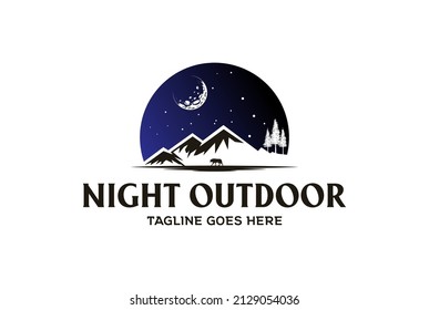 Night Mountain Pine Cedar Spruce Fir Trees with Wolf for Wilderness Adventure Logo Design Vector