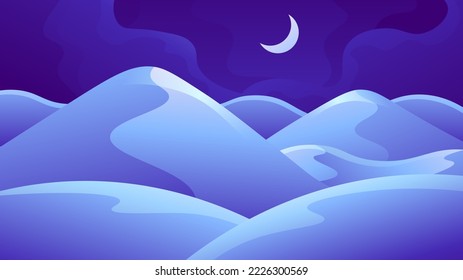 Night mountain range landscape. Cartoon blue high mountains on moon background.