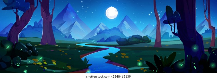 Night mountain river landscape. Vector cartoon illustration of blue water stream flowing in darkness between old trees, neon fireflies glowing in grass and summer flowers, full moon in starry sky