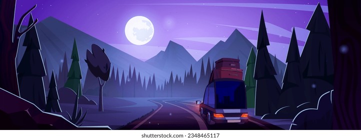Night mountain road car drive cartoon background. Adventure travel way on midnight for vacation vector illustration. Speed traffic with luggage on transport roof through alps and evergreen forest