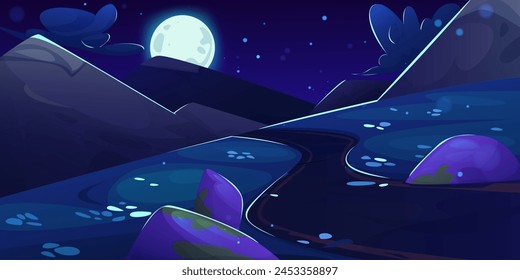 Night mountain road and moon in dark sky vector background. Summer park at midnight with moonlight for spooky journey. Beautiful nature in evening perspective panorama of empty winding path design