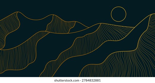 Night Mountain and Sand Dune Background with Golden Lines and Sun, Elegant Oriental Desert Landscape Texture, Premium Design, Japanese Style 