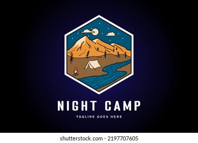 Night Mountain Tent Campfire and River Creek Badge Emblem for Outdoor Camp Logo Design