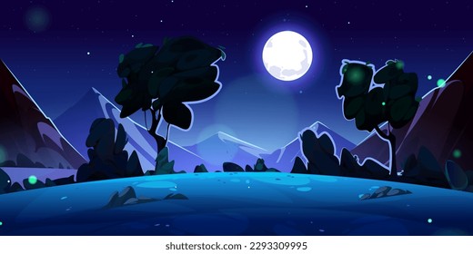 Night mountain valley landscape illustration cartoon vector illustration. Beautiful and wild dark nature scenery environment for expedition trip in Canada. Flying firefly under full moon light in sky