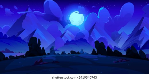 Night mountain valley with moon glowing in clouds. Vector cartoon illustration of beautiful midnight summer scenery, grass, bushes and trees on hills, stars shimmering in dark sky, natural background