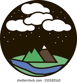 night mountain valley with white clouds, stars and the river