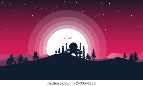 Paisaje vectorial de montaña nocturna con luna, ilustración natural con fondo islámico.