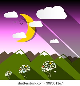 Night Mountain Vector Landscape with Moon