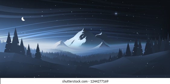 Night mountain winter landscape. Vector illustration