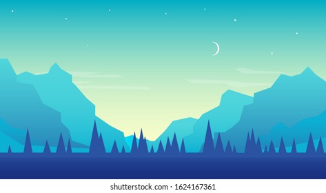 Night mountain winter landscape. Vector illustration. Minimalist style. Flat concept. Website template. UI design. 