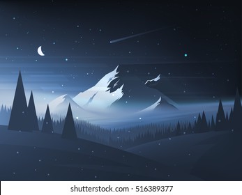 Night Mountain Winter Landscape. Vector Illustration