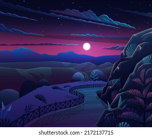 Night in mountaine road, vector cartoon scenery. Hills and tall trees, pine forest on horizon lush bushes, clouds in starry sky. Beautiful nighttime landscape. Plant and path rural land background