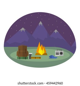 Night mountains camping colored vector icon. There is a set of equipment for camping. The image is suitable for web and mobile apps. 