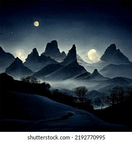 night mountains and hills in the light of several moons and a scary atmosphere