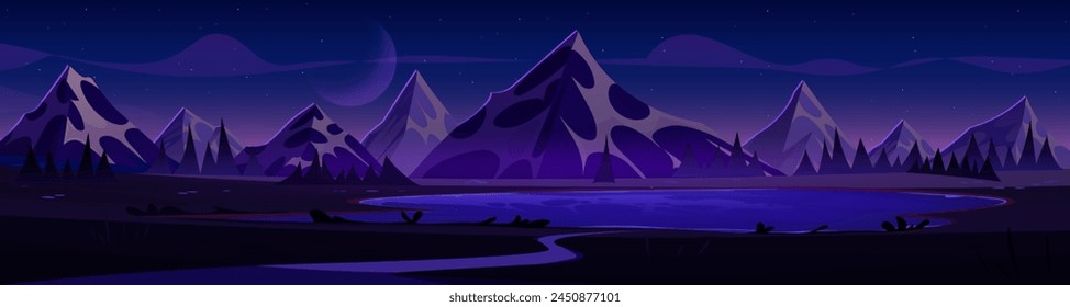 Night mountains landscape with lake or river, dark starry sky. Cartoon vector illustration of panoramic dusk midnight scenery with high rocky hill peaks, water pond and trees. Evening country scene.