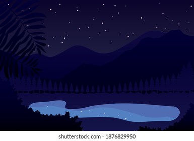 Night Mountains landscape with lake and stars on the sky, colorful design, vector illustration