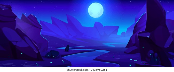 Paisaje de montañas nocturnas con río bajo luz de luna llena. Ilustración vectorial panorámica oscura de dibujos animados de paisaje desolado con colinas de acantilados rocosos y camino camino camino o corriente de agua en la medianoche.