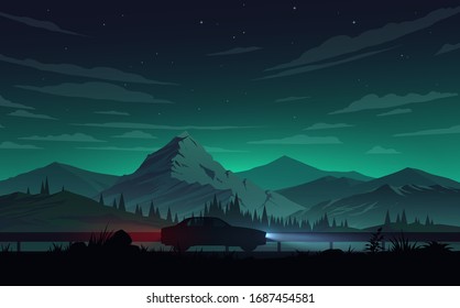 Night Mountains Landscape With Road And Car