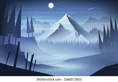 Night mountains landscape with stars and moon on the sky