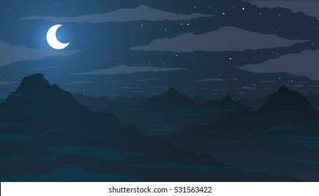 Night in the mountains. Moon among the stars and clouds.