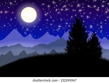 Night mountains with moon and stars