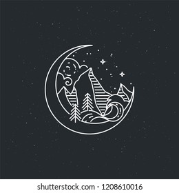 Night mountains. Nature exploration vector vintage poster. Modern flat linear vector illustration. Retro wildlife postcard with stars and forest