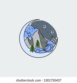 Night mountains. Nature exploration vector vintage poster. Modern flat linear vector illustration. Retro wildlife postcard with stars and forest