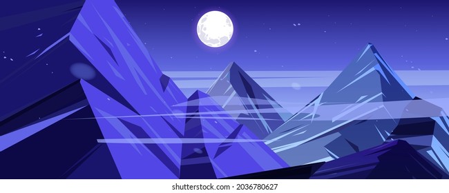 Night mountains peaks twilight landscape, scenery view with high rocks and full moon with stars glowing over rocky tops. Beautiful nature background, hills at nighttime, Cartoon vector illustration