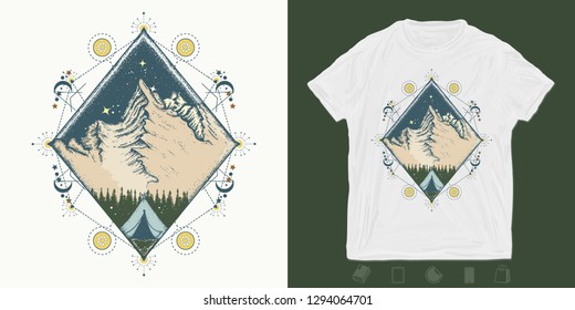 Night mountains. Print for t-shirts and another, trendy apparel design. Symbol of tourism, travel, adventures, meditation, climbing, camping, great outdoors 