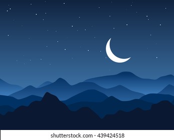 Night mountains silhouette vector background