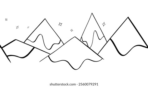 Nacht die Berge mit Schneespitzen, Panoramablick, Vektorgrafik. Grafische Linie nahtloser Rahmen mit Nachtansicht
