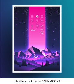 Nachtgebirge Vaporwave Poster Design. Vorlage für Ihre Event-Werbung. Vektorgrafik.