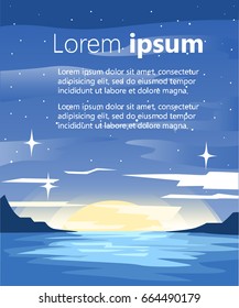 Night mountains vector background Vector mountains, lake and forest landscape in the night. Beautiful geometric illustration The space for the text for the brochure or website.