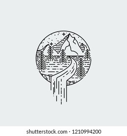 Night mountains with waterfall. Nature exploration vector vintage poster. Modern flat linear vector illustration. Retro wildlife postcard with stars and forest