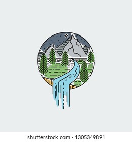 Night mountains with waterfall. Nature exploration vector vintage poster. Modern flat linear vector illustration. Retro wildlife postcard with stars and forest