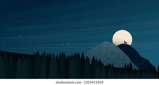 Noche de paisaje montañoso con luna llena, aullido de lobo e ilustración del vector de pinos. Antecedentes del tema de senderismo. Concepto de viajes de descubrir, explorar y observar la naturaleza.