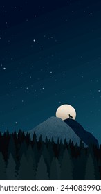 Noche de paisaje montañoso con luna llena, aullido de lobo e ilustración vectorial de bosque de pinos. Fondo vertical de tema de senderismo. Concepto de viaje de descubrir, explorar y observar la naturaleza.