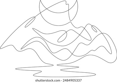 Night in mountains.Crescent in the sky.High mountains. Mountain landscape. Moon in the mountains. Nature logo. One continuous line. Line art. Minimum one line. White background. One line drawing.