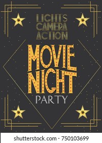Night Movie party invitation card, birthday party invitation or poster. Editable vector illustration