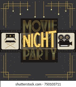 Night Movie party invitation card, birthday party invitation or poster. Editable vector illustration