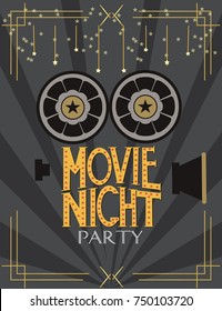 Night Movie party invitation card, birthday party invitation or poster. Editable vector illustration