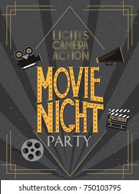 Night Movie party invitation card, birthday party invitation or poster. Editable vector illustration