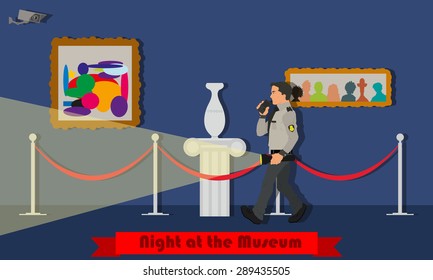 Night at the Museum. Museum security guard patrols at night. Vector illustration in a flat style.
