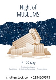 Night of museums poster on stary sky background. Modern vector illustration design with ancient greek or roman column. Cartoon greece exhibition brochure. Long nignt international museum day mockup