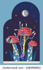 Night, mushrooms under the blue sky, blue leaves, mysterious, whimsical bouquet, blue dotted leaves, butterflies  sitting, white dots, botanical artwork, vector illustration.