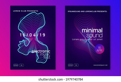 Night music. Bright show invitation set. Dynamic fluid shape and line. Night music flyer. Electro dance dj. Electronic sound fest. Techno trance party. Club event poster. 