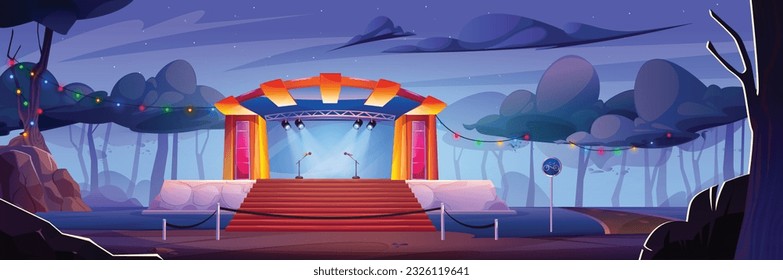 Night music concert stage for outdoor festival show vector background. Open air public performance event near road. Street summer comedian stand with mic and spotlight illumination cartoon scene